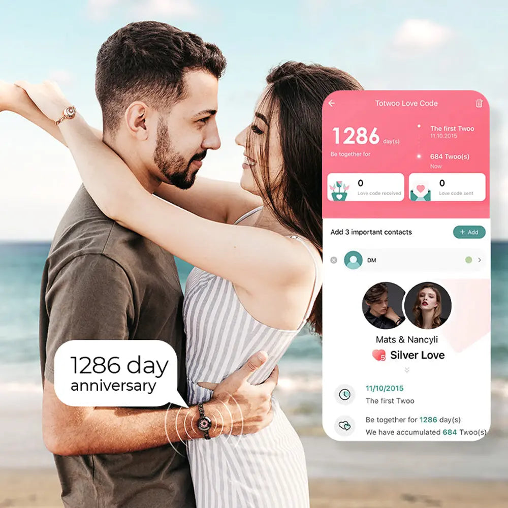 A couple embracing by the beach, celebrating their 1286-day anniversary with EntangleTies™ Totwoo™ bracelets. The woman’s bracelet vibrates, indicating a message, while a Totwoo™ app screenshot on the right shows the couple’s connection, including the number of days together and their love code interactions. The app lists their 1286 days together and highlights their accumulated 684 Totwoo™ love signals.