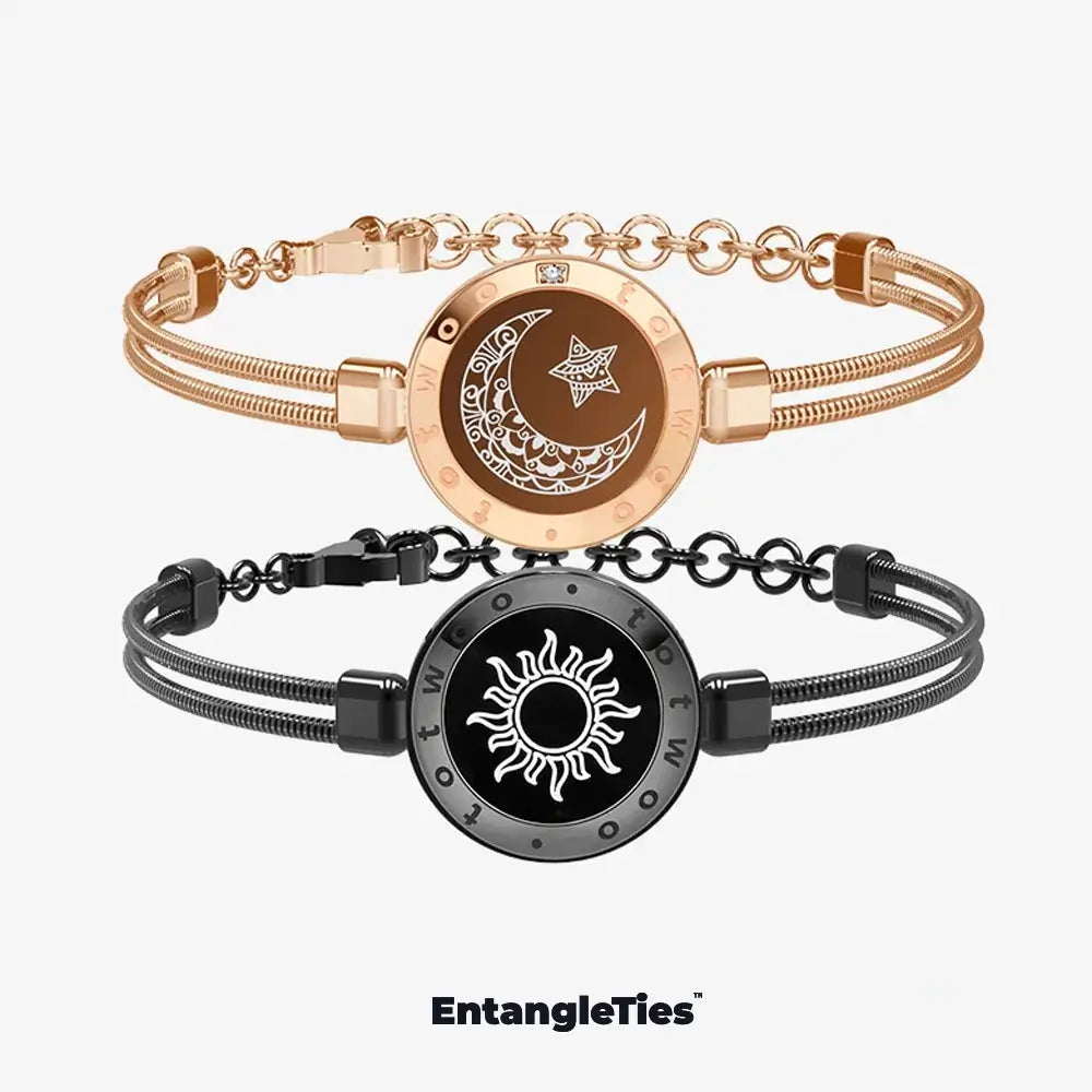 Two EntangleTies™ bracelets — one with a crescent moon and star design and the other with a sun design, both with Milan rope cords, displayed on a white background with the EntangleTies™ logo at the bottom.