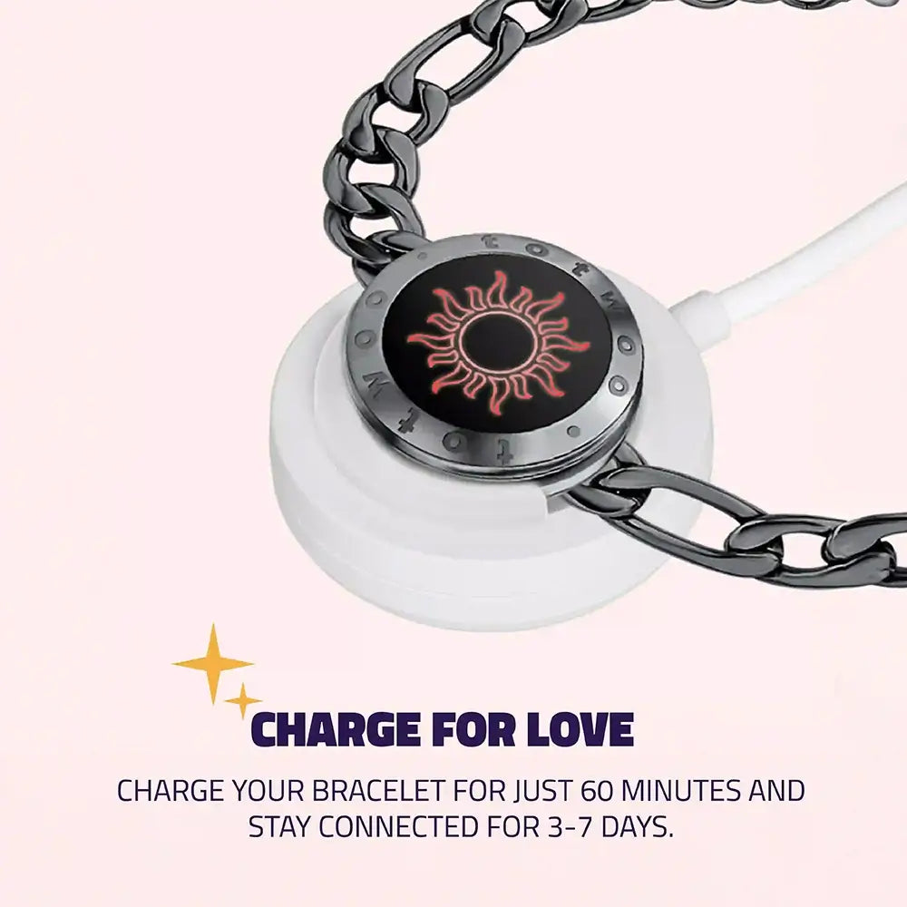 A close-up of the sun-designed bracelet on a charger, with a caption explaining it charges in 60 minutes and stays connected for 3-7 days, emphasizing the product’s smart technology.