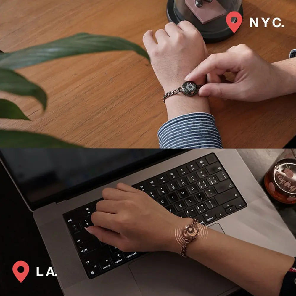 Two individuals wearing EntangleTies™ Totwoo™ bracelets in different locations. The top image, marked ‘NYC’, shows a person touching the black Sun bracelet. The bottom image, labeled ‘LA’, shows another person typing on a laptop while wearing the gold Moon bracelet, which is vibrating to indicate a message. The scene highlights long-distance connection with EntangleTies™ bracelets.