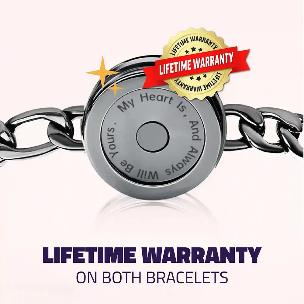 The back of the bracelet with a “Lifetime Warranty” badge overlaying the inscription, emphasizing the quality and guarantee of the product.