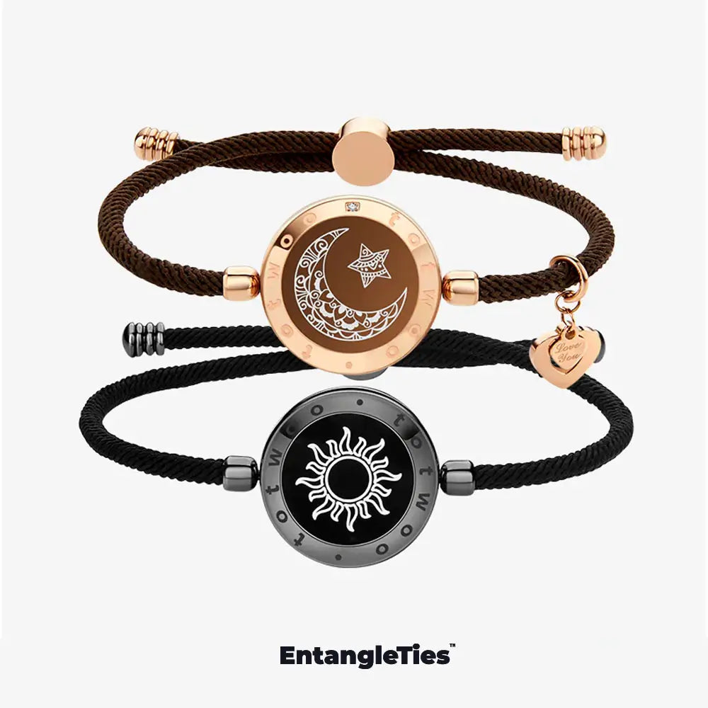 Two EntangleTies™ bracelets — one with a crescent moon and star design in gold, and the other with a sun design in black, both with Milan Rope Cords, displayed on a white background with the EntangleTies™ logo at the bottom.