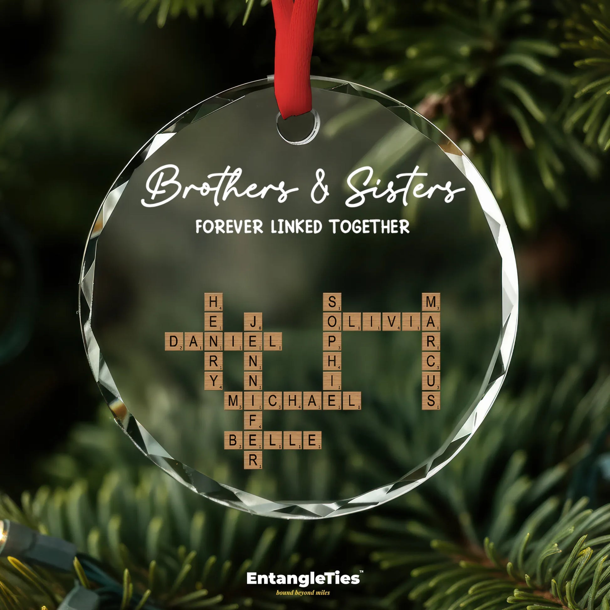 LinkedRoots™ - Personalized Crossword Glass Ornament - EntangleTies™
