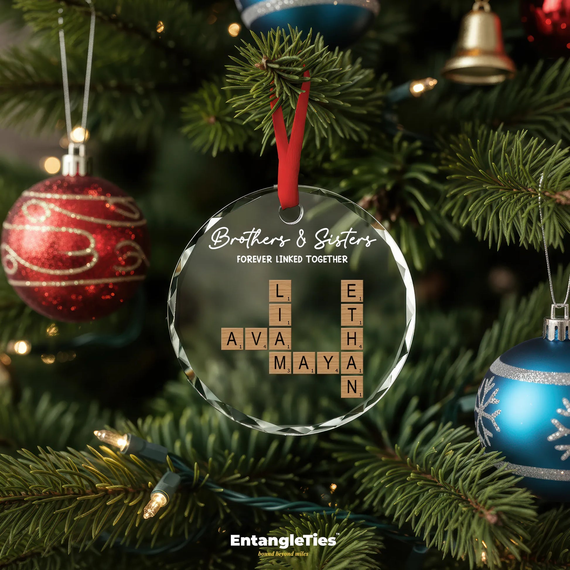 LinkedRoots™ - Personalized Crossword Glass Ornament - EntangleTies™