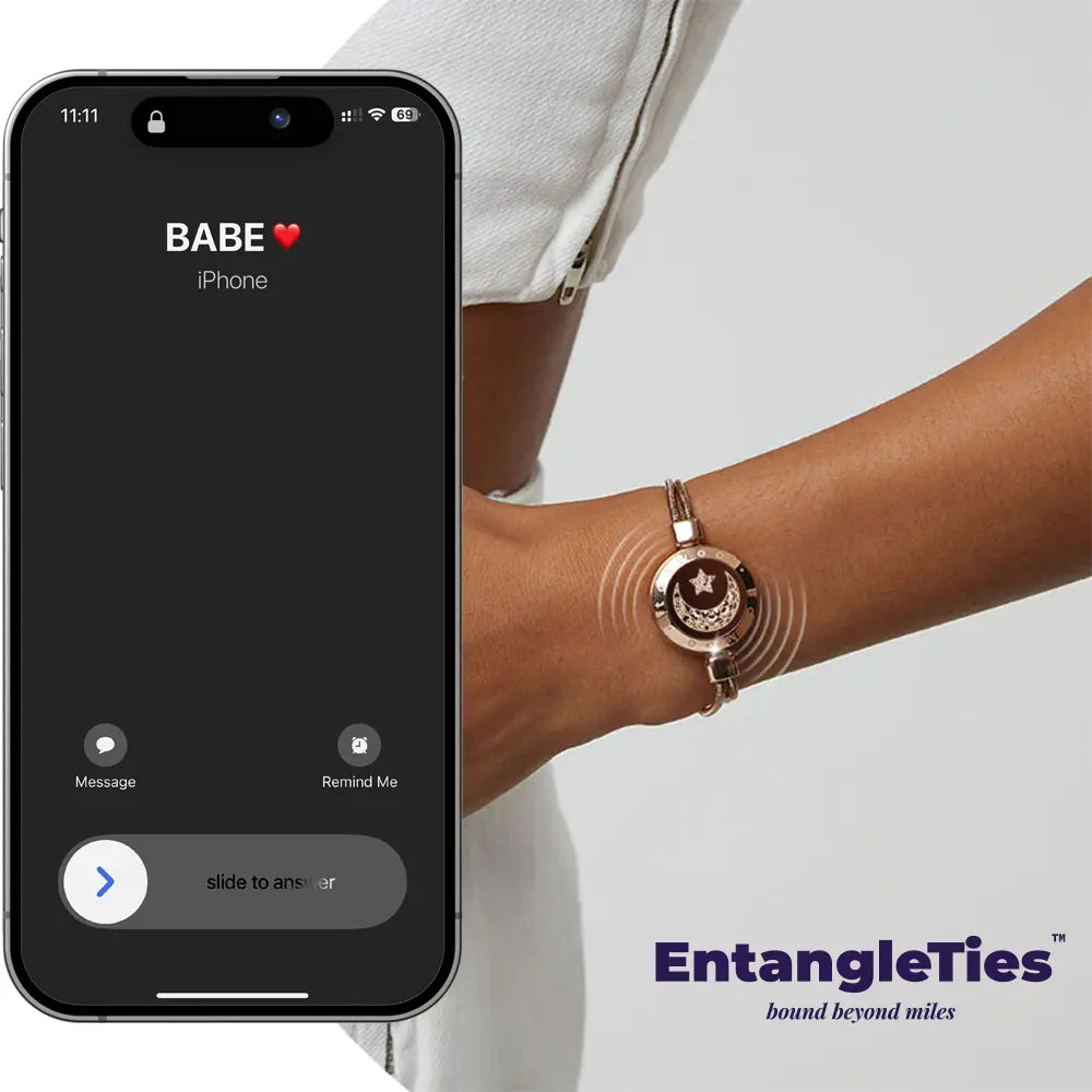 iPhone displaying an incoming call from ‘Babe’ with Totwoo™ Sun & Moon bracelet vibrating on wrist, symbolizing a real-time connection between partners. EntangleTies™ branding at the bottom.