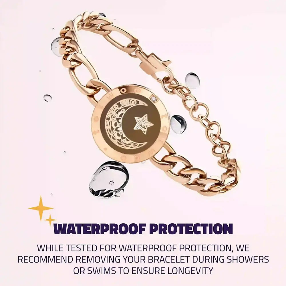 A gold bracelet with a moon and star design surrounded by water droplets, emphasizing its waterproof feature, though a note below recommends removing it during showers or swims for longevity.